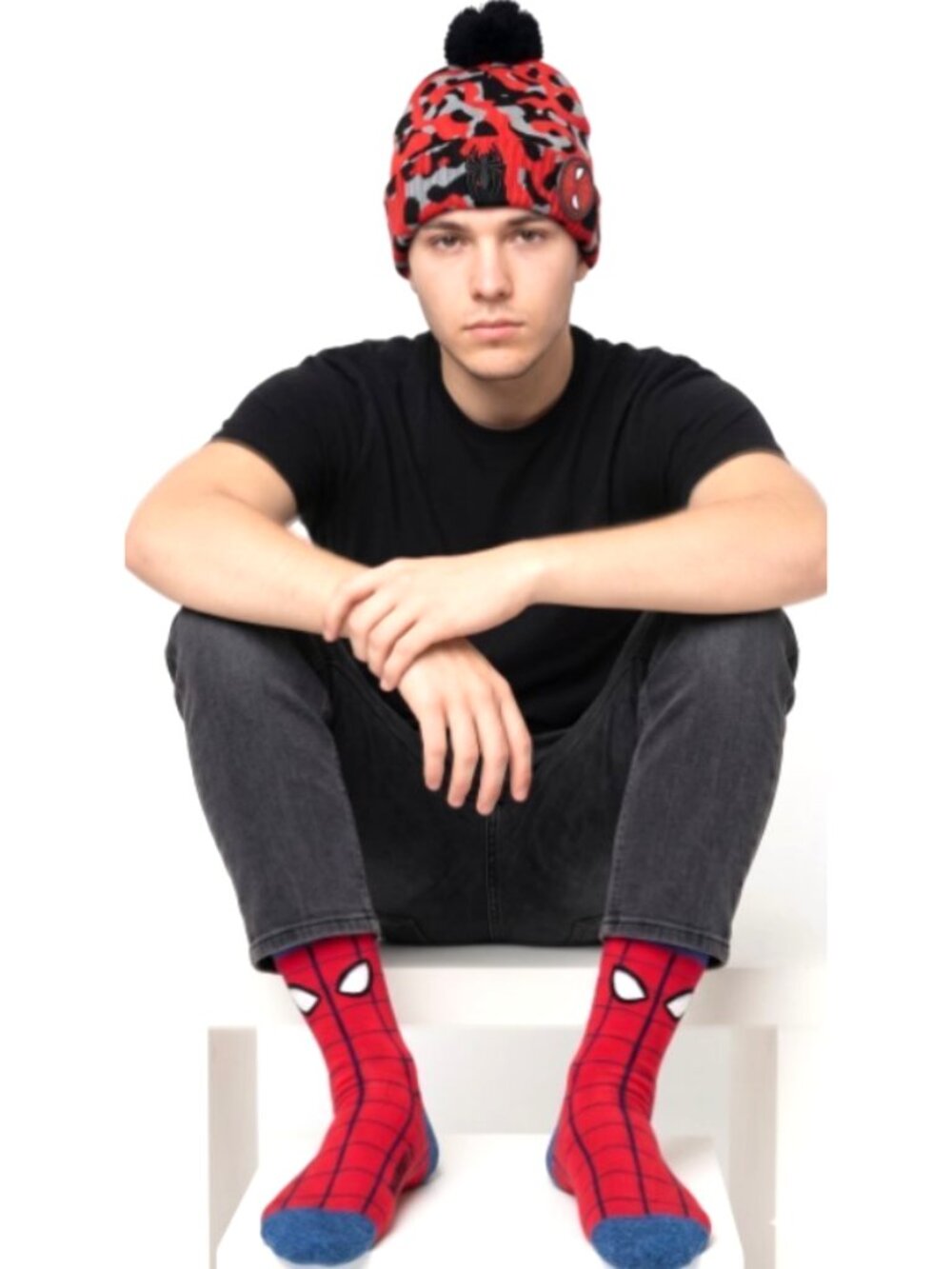 Marvel Spider-Man Beanie & Crew Socks Set Red Camo Pom Hat Men's Winter Apparel